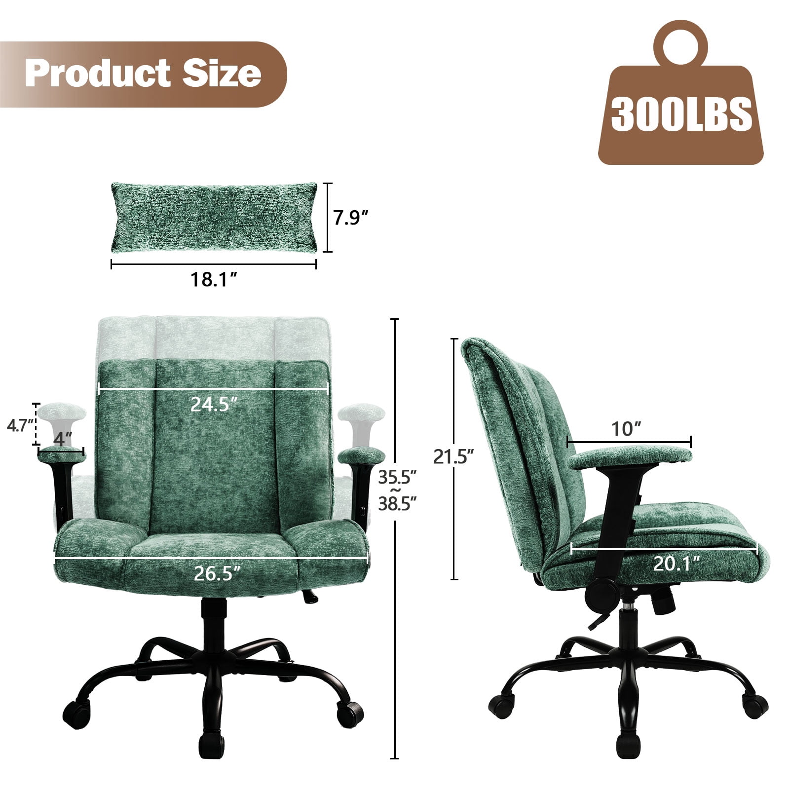 zzw Chenille Home Office Criss Cross Chair with Flip Arms, Lumbar Support and Wheels, Green