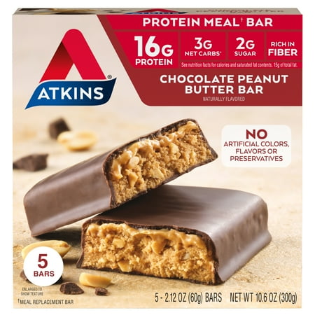 Atkins Chocolate Peanut Butter Protein Meal Bar, High Fiber, Meal Replacement, Keto Friendly, 5 Pk