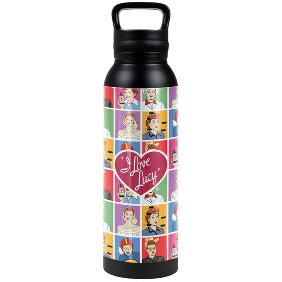 I Love Lucy Official Square Faces 24 oz Insulated Canteen Water Bottle, Leak Resistant, Vacuum Insulated Stainless Steel with Loop Cap, Black