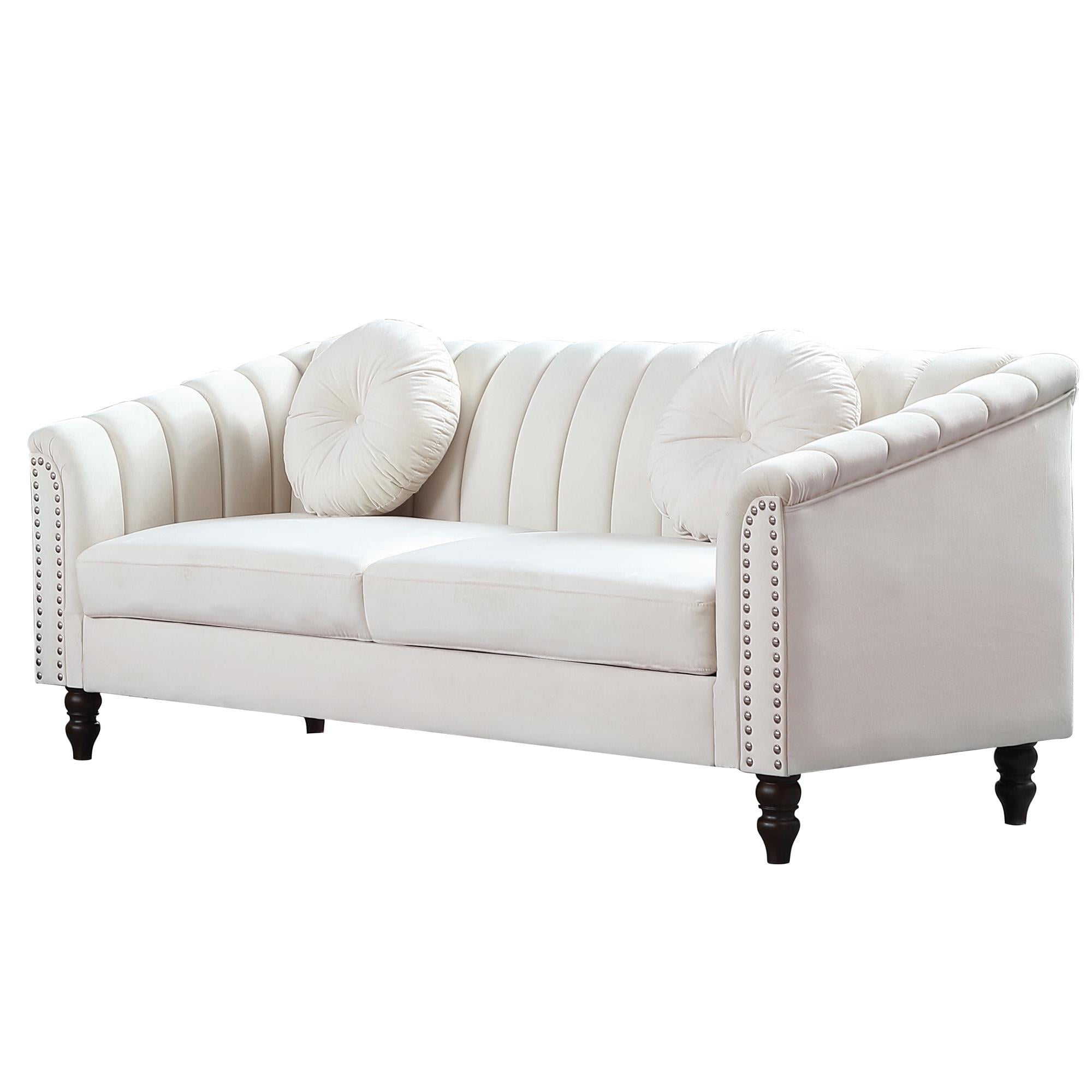Gewnee Chesterfield Velvet Sofa Couch with Nailhead Trim and 2 Pillows for Living Room,Beige