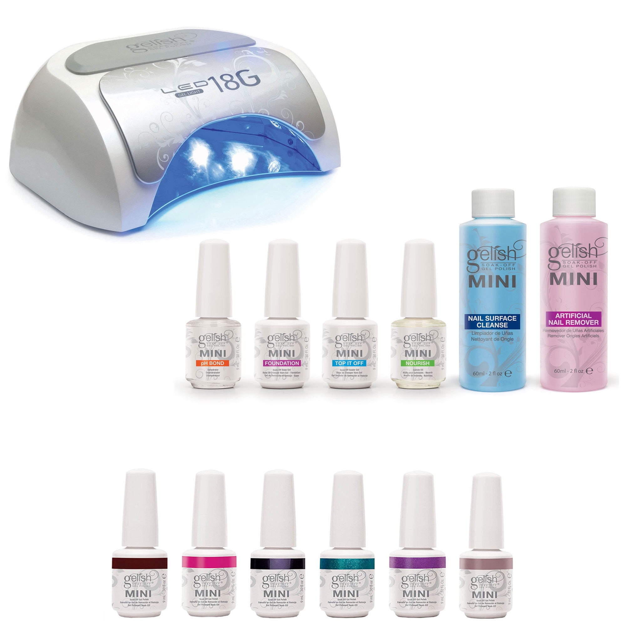 Gelish 18G Gel LED Light + Mini Basix Gel Nail Polish Kit + 6 Pack Gel