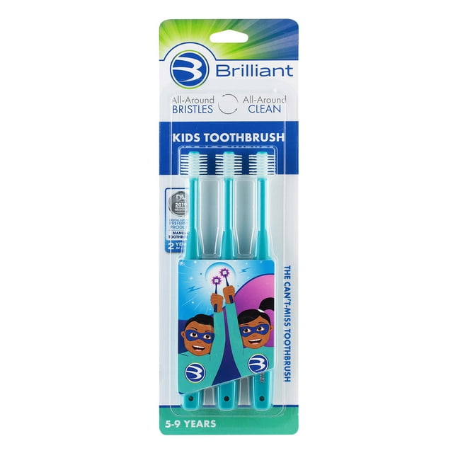 Brilliant Brosse à Dents pour Enfants, 5 à 9 Ans, Garçons et Filles, à Utiliser Lorsque les Dents d'Adulte Apparaissent, Tête de Brosse Ronde - Poils Micro Doux Qui Nettoient Toute la Bouche, Brosse à Dents à Poils Souples, Ensemble de 3 Brosses, Sarcelle