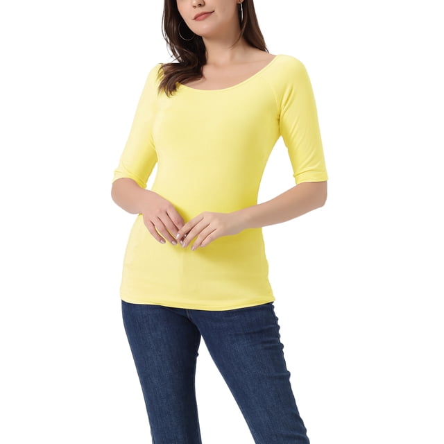 INSPIRE CHIC Camisetas de Cuello Barco para Mujeres, de Manga Corta, Ajustadas, Suaves, T-Shirt S Color Amarillo Claro
