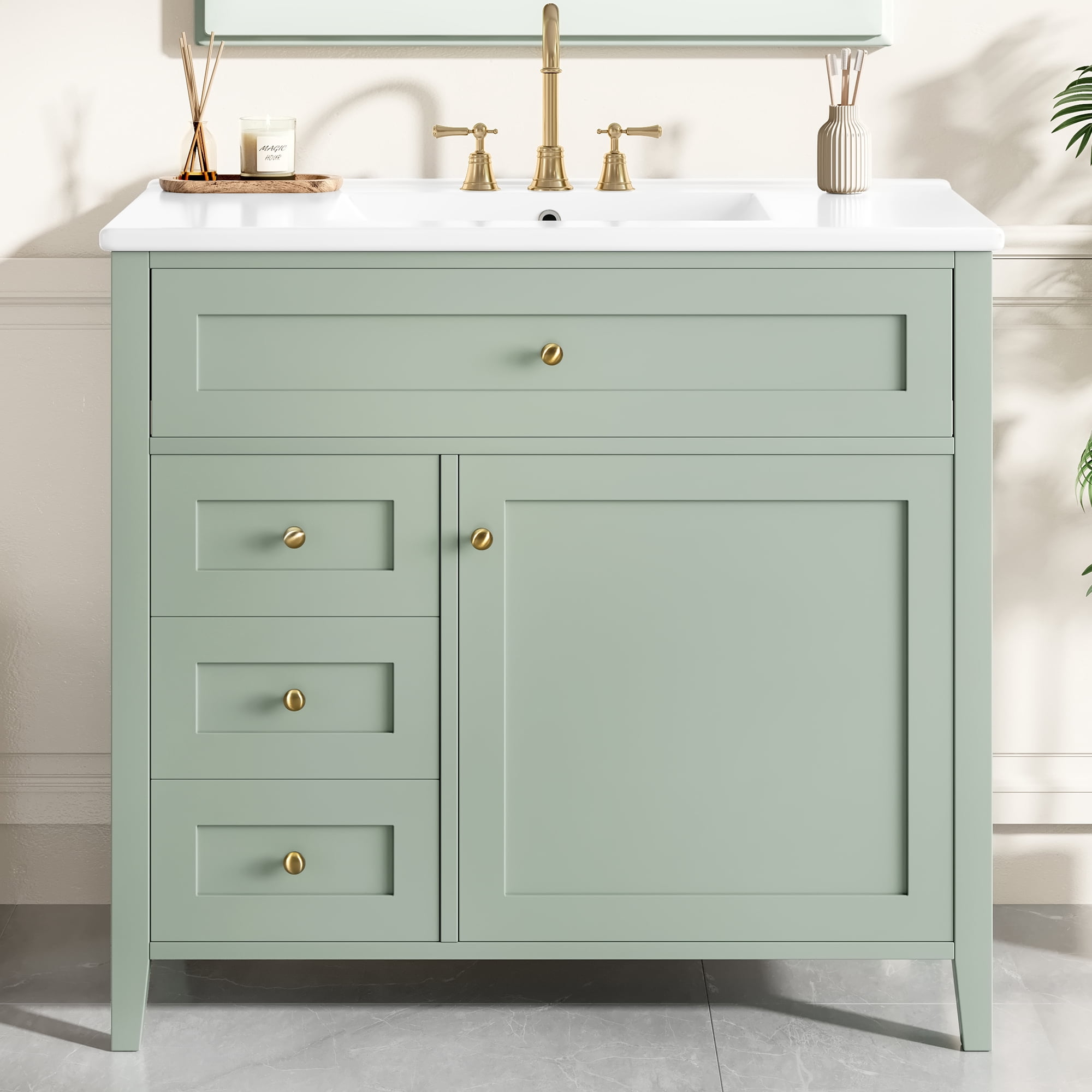 Euroco 36-Inch Green Bathroom Vanity with Sink, Modern MDF and Rubberwood Cabinet with 3 Drawers and Adjustable Shelf, Freestanding Vanity for Bathroom Storage and Organization