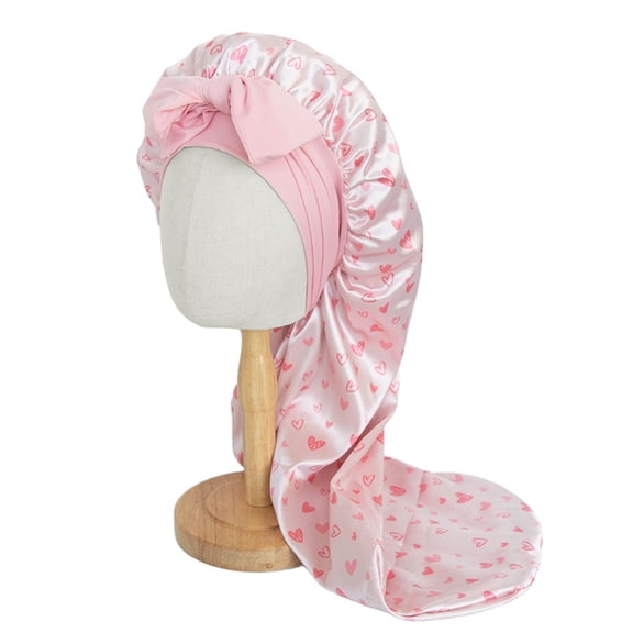 WIRESTER Long Satin Bonnet for Women, Adjustable Tie Band Sleep Cap with Double Layer for Braids & Long Hair - Pink Hearts Pattern