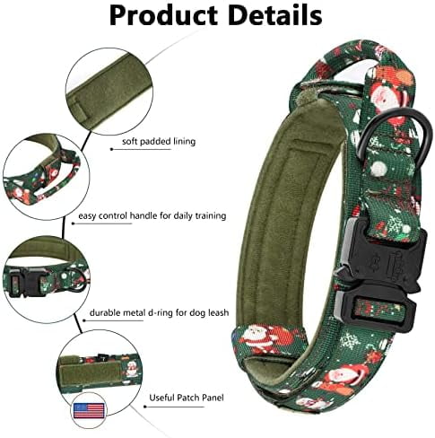 Christmas Tactical Dog Collar, Adjustable Military Training Nylon Dog Collar with Control Handle and Metal Buckle for Medium and Large Dogs, with Patches and Airtags Case (XL, Christmas green)