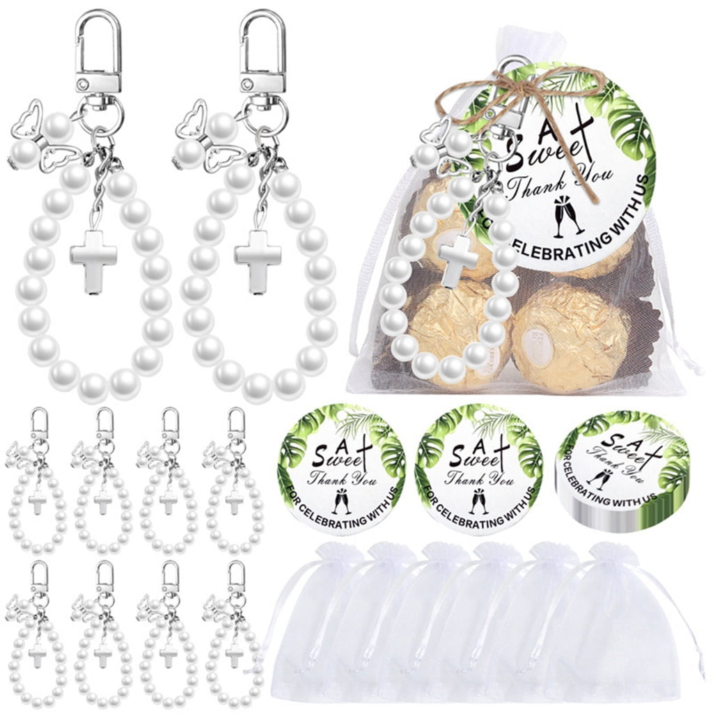 WINDLAND Bulk 20Sets Crosses Pearls Keychain Gifts For Family Friends Kids Wedding Baby Shower Party Favors In Organza Bags