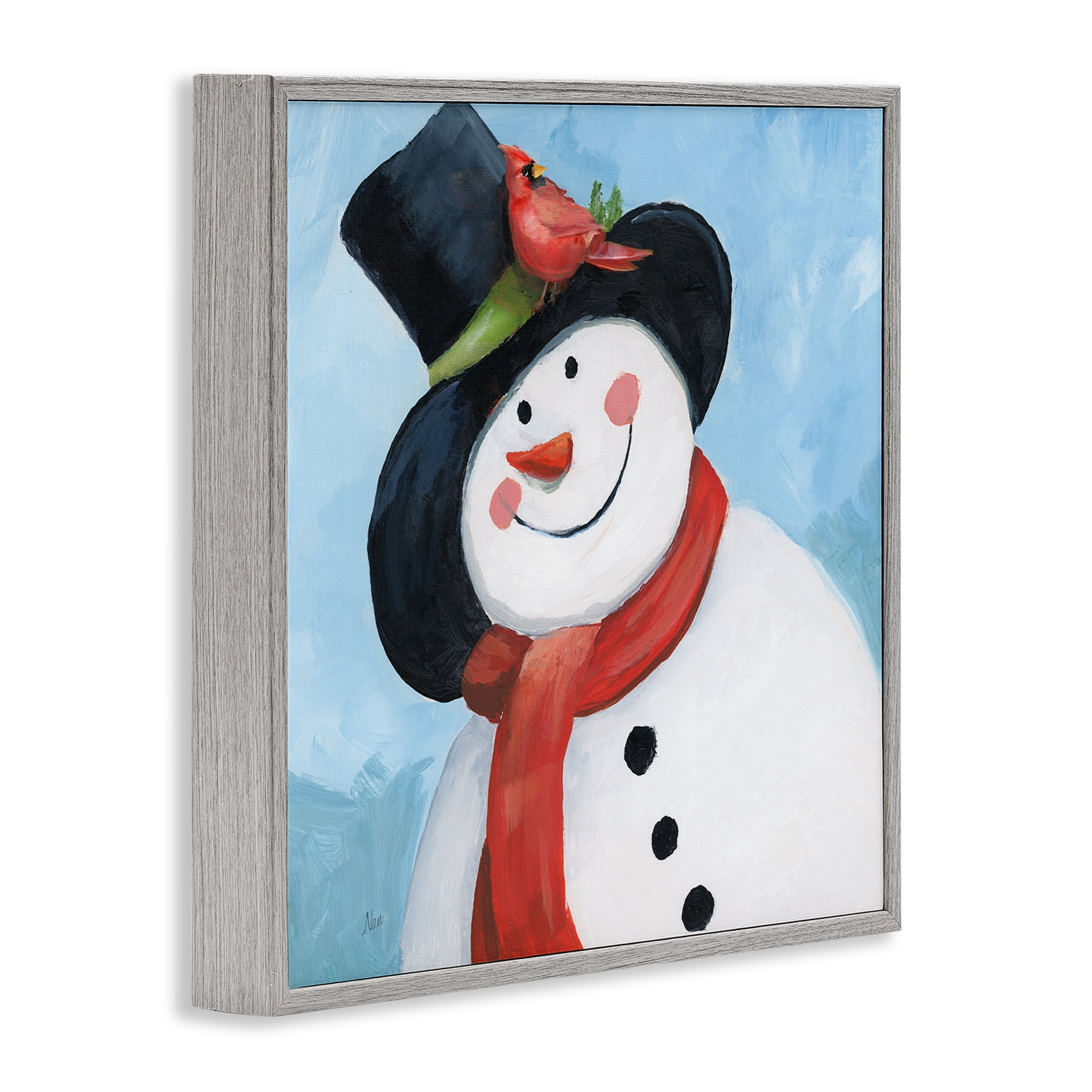 Stupell Industries Cheerful Snowman with Cardinal Gray Framed Giclee Art, design by Nan