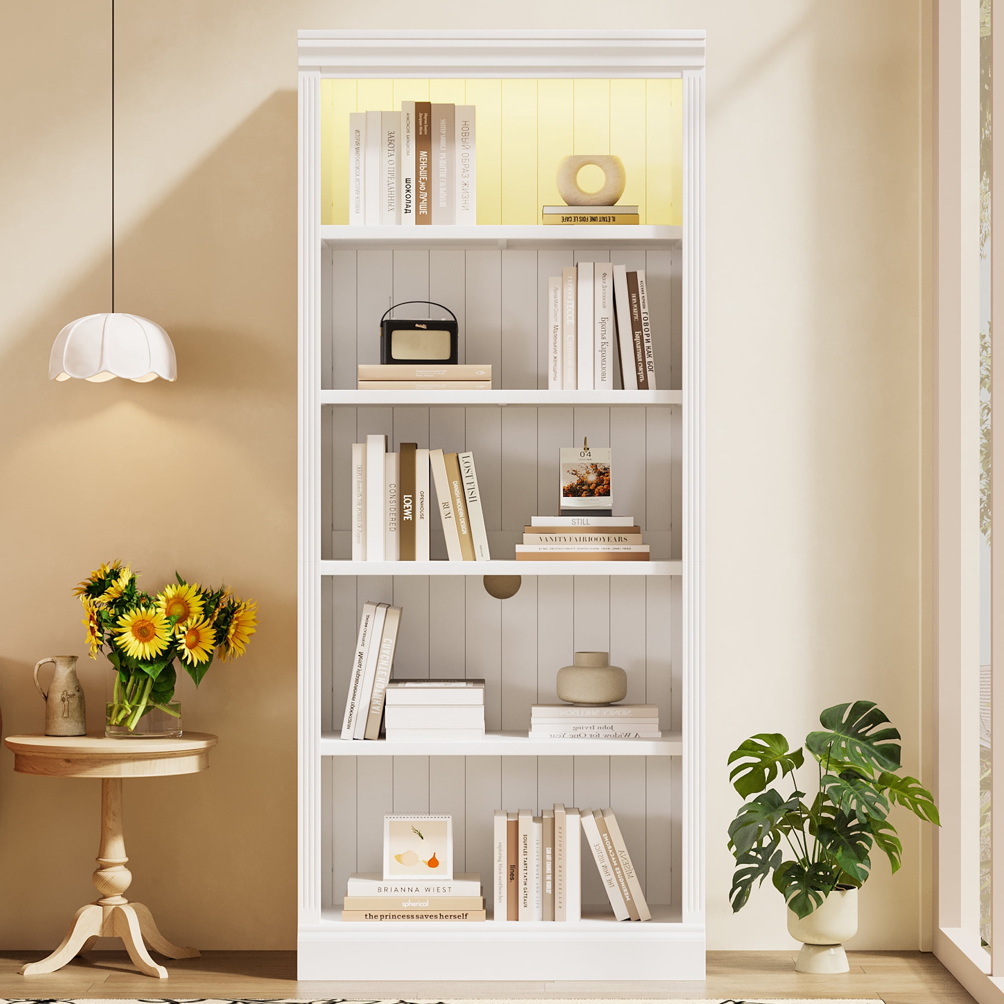 Euroco 83 inch Tall Wood Bookcase Suite with light strip, 5-Tier Decor Bookcase Suite with Adjustable Shelves, MDF Board, 83 in, White