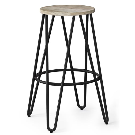 Simpli Home Simeon 30" Industrial Round Wood Top Bar Stool in Natural and Black