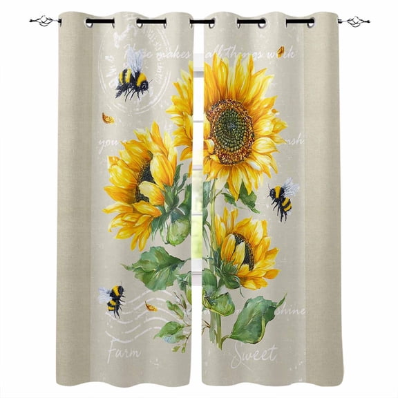 Fsddascl Sunflowers Blackout Curtains for Bedroom/Living Room, Thermal Insulated Kitchen Curtains, Farmhouse Botanical Yellow Flowers Bee Retro Grommet Darkening Window Treatment Drapes 27.5"x39"x2