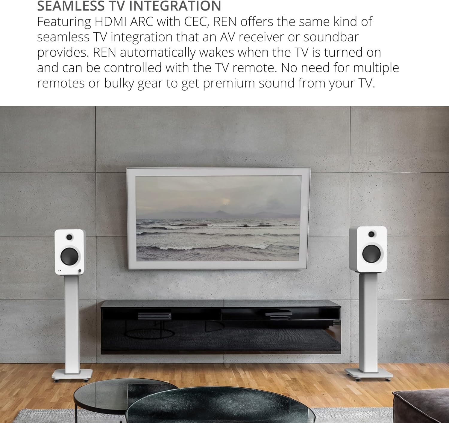 Kanto REN MW Bluetooth Powered Bookshelf Speakers - Matte White Pair with Kanto SP26PLW 26" Fixed-Height Stands for Bookshelf Speakers - White Pair (2024)
