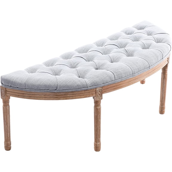 55" Button Tufted Semi-Circle Dining Bench Linen Halfmoon Entryway Bench Comfy Upholstered Bench Seat for Bay Window/Bedroom End of Bed/Living Room/Indoor, Light Gray