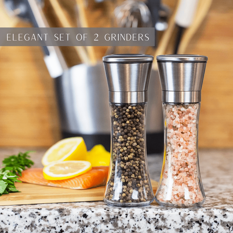 Salt and Pepper Grinder Set of 2 - Tall Salt and Pepper Shakers with  Adjustable