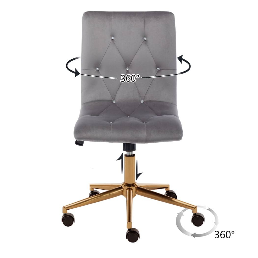 Duhome Armless Home Office Chair, Velvet Tufted Computer Desk Chair Rolling Chair, Vanity Chair with Wheels, Gray and Gold