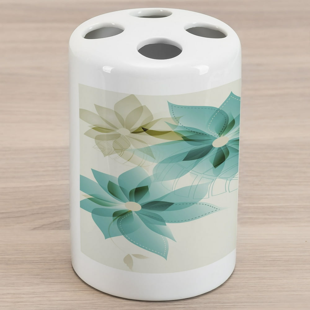 Teal Ceramic Toothbrush Holder, Vintage Inspired Floral Design with Abstract Vibrant Colored