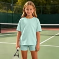 thumbnail image 4 of Lumosvexa Girls Outfits Sets, Short Sleeve Tee and Skinny Fit Shorts Summer Home Lounge Clothes 2 Piece Mint Green 7-8, 4 of 9