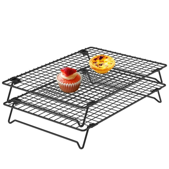 AEVXKHI 2PCS Cooling Rack with Collapsible Legs, Carbon Steel Baking Cooling Rack, Nonstick Cookie Cooling Rack, Stackable Cake Cooling Rack for Baked Goods Black