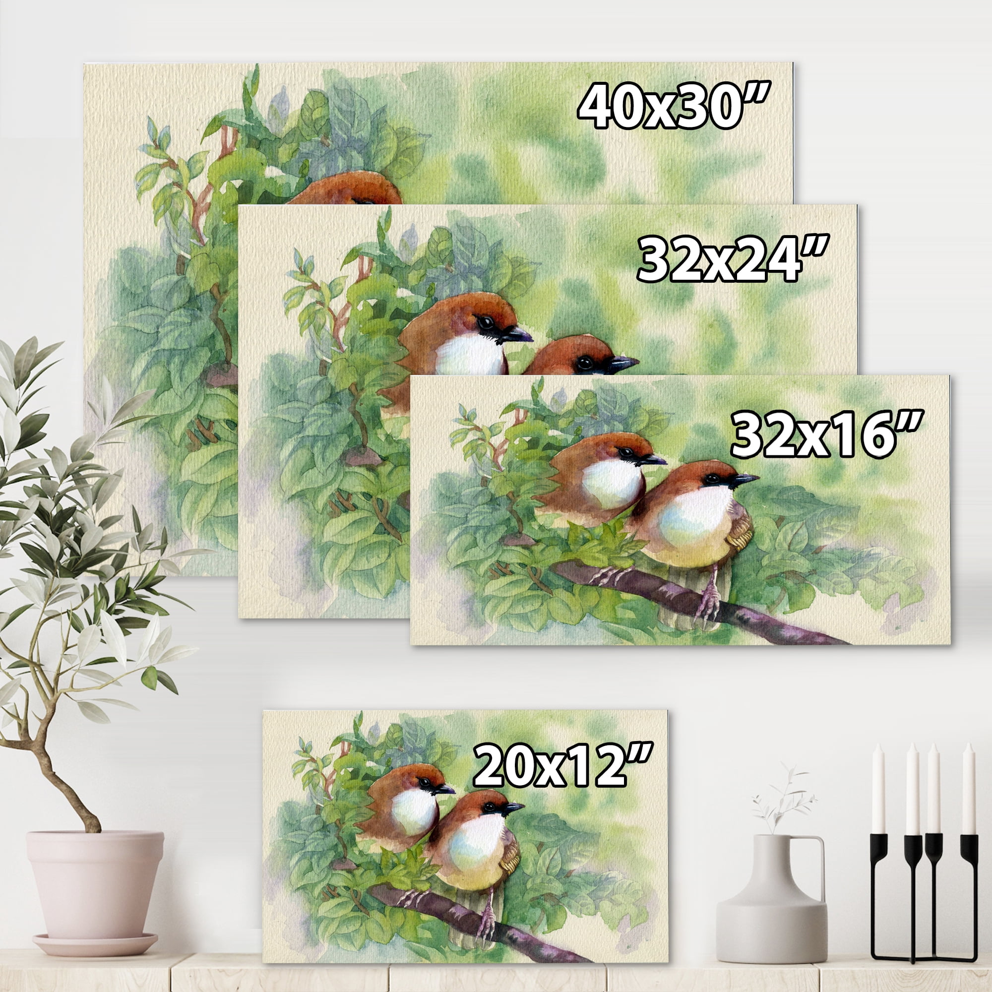 Designart ' Birds Of Spring Sitting On Branch ' Traditional Canvas Wall Art Print
