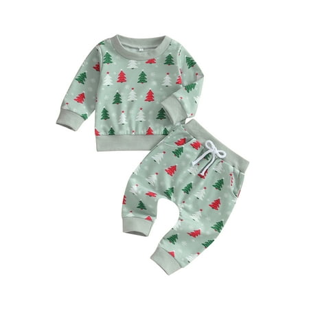 

Jusbysis Baby Outfits Newborn Christmas Tree Print Long Sleeve Round Neck Sweatshirt and Pants Set Toddler 2 Piece Suits