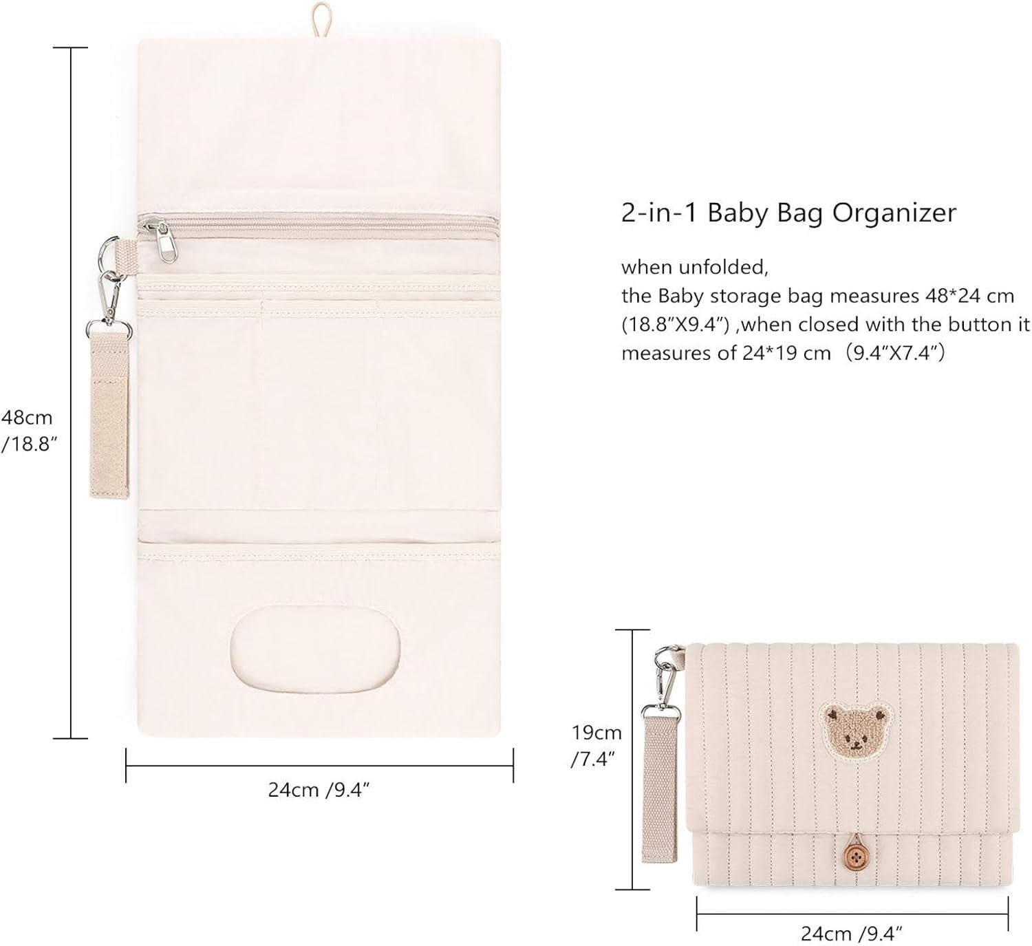 Diaper and Wipes Pouch | Cute Bear Embroidery Foldable Pouch | with Stroller Strap Compartment Diaper Bag Organizers | for