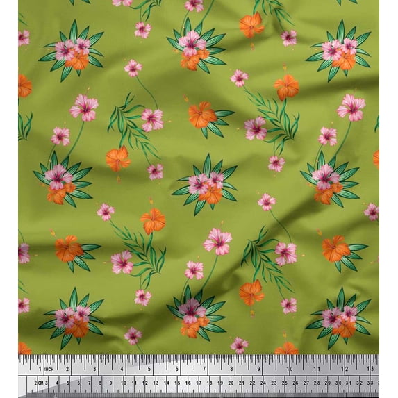 Soimoi Crepe Silk Fabric Leaves & Floral Print Fabric by the Yard 42 Inch Wide