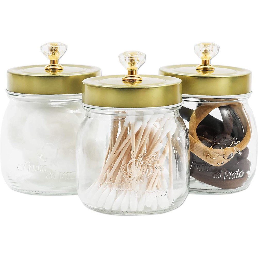 3Pack Clear Glass Vanity Canisters, Cotton Swab Ball Container