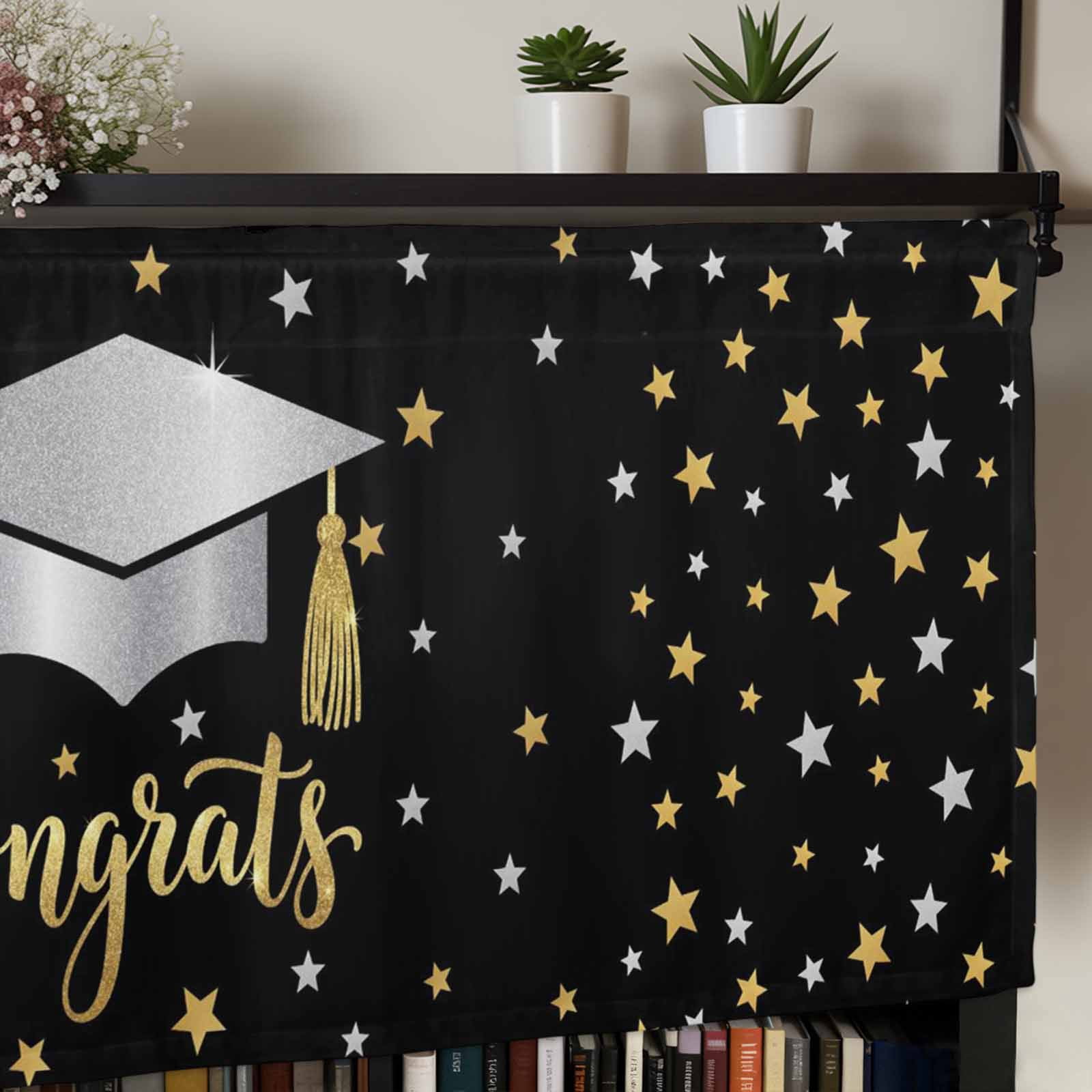 Congratulate Graduate Season Valances for Windows Graduation Hat Golden Sliver Star Black Rod Pocket Curtain Valance Window Treatment Short Curtains for Kitchen Living Room, 60"x18"