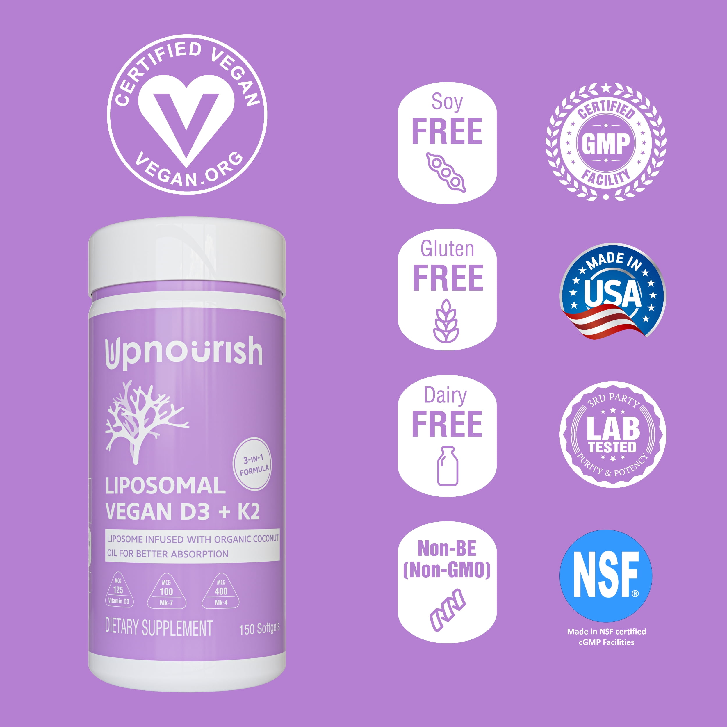 Liposomal Vegan Vitamin D3 K2 Softgels, 5 Month Supply, Certified Vegan Vitamin D3 5000 IU Plus 500 mcg Vitamin K2 MK4 & MK7