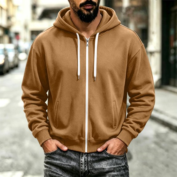 Men's Zip Up Hoodies Adjustable Drawstring Solid Hooded Jacket Fall Winter Lightweight Causal Athletic Jacket, L