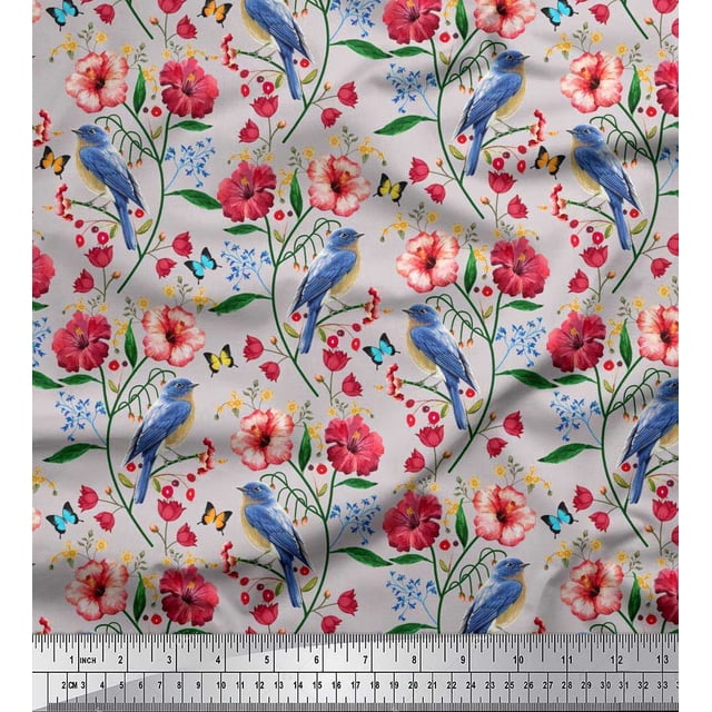 Soimoi Gray Rayon Fabric Insect,Floral & Bluebird Bird Print Fabric by Yard 42 Inch Wide