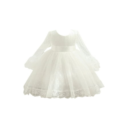 

RSRZRCJ Baby Girls Long Sleeve Dress with Mesh Lace Flowers Solid Color Crew Neck Little Princess Dress