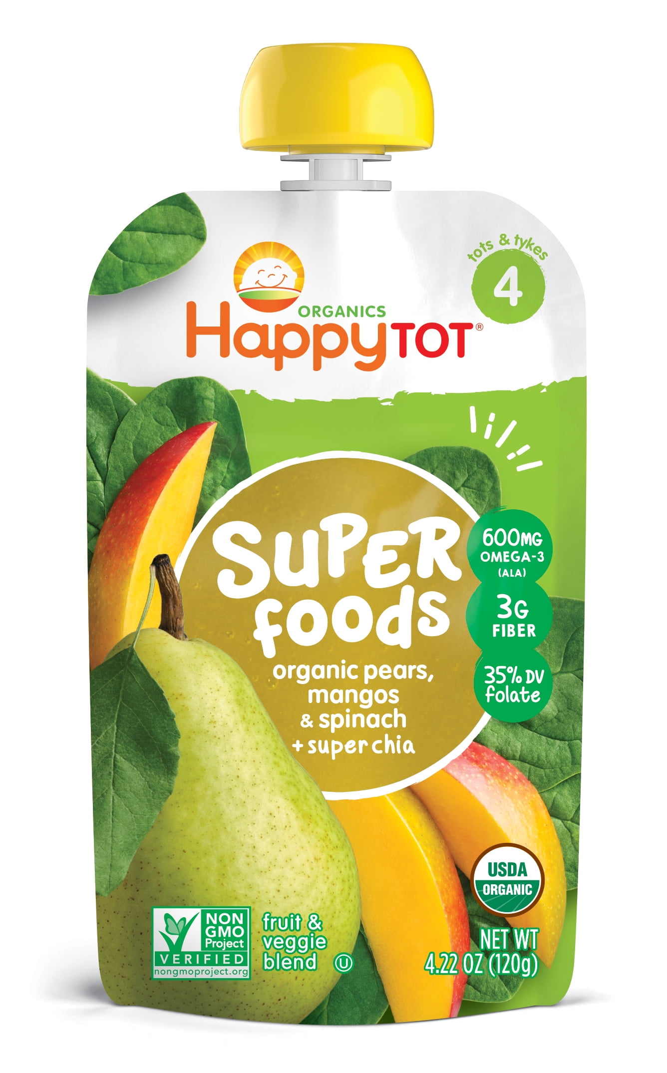 Happy Tot Superfoods Organic Pears, Mangos & Spinach + Super Chia Fruit & Veggie Blend 4.22 oz. Pouch