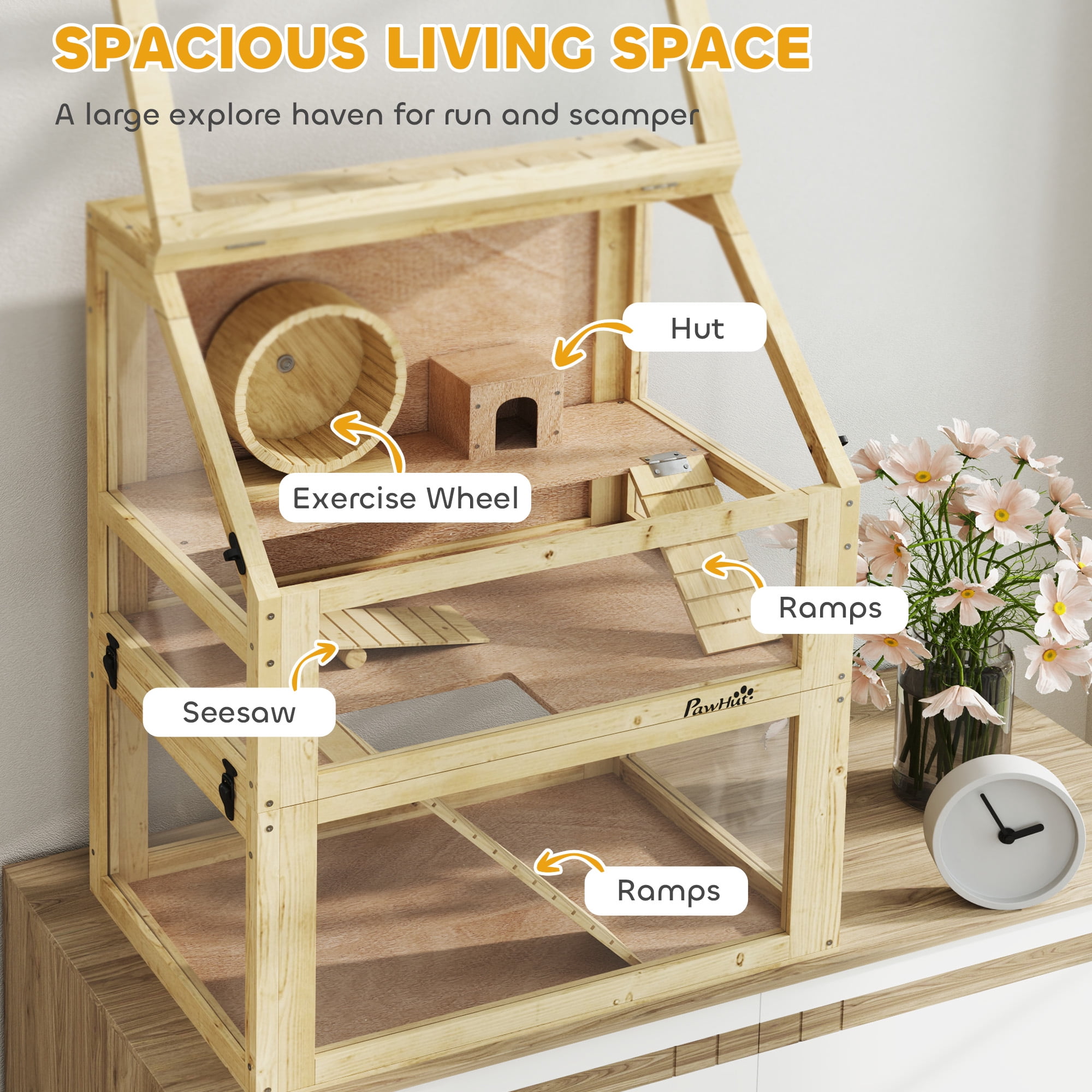 PawHut Wooden Hamster Cage, 3 Tier Small Animal Cage with Detachable 12.6" Deep Bottom, Hut, Seesaw, Exercise Wheel, Ramps, for Dwarf, Gerbil, Mouse