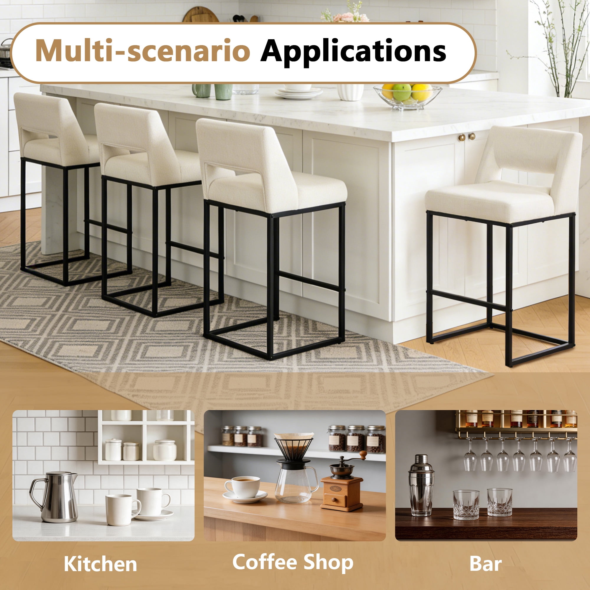 ClinQ Counter Height Bar Stools Set of 2, Hollow Back Kitchen Island Barstools, Upholstered Linen Fabric Counter Stools with Metal Frame, Beige