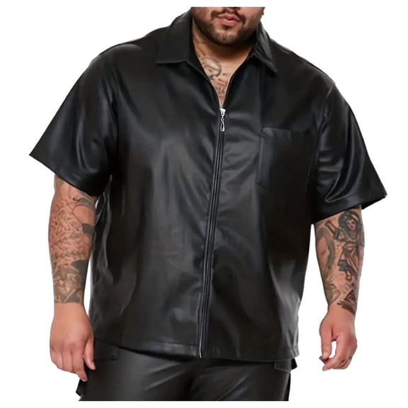 Tisuna Mens Leather Shirts Short Sleeve Zipper Down Loose Fit Summer T-Shirts Mens Classic Collared Casual Shirts For Everyday Wear Black Size Xxl