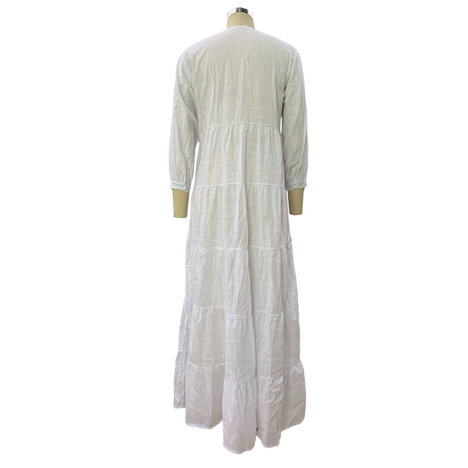BiZtdJrK White Women's Cotton Linen Dress Button Down Long Sleeve V Neck Boho Dresses Casual Pleated Layered Beach Long Dress XL