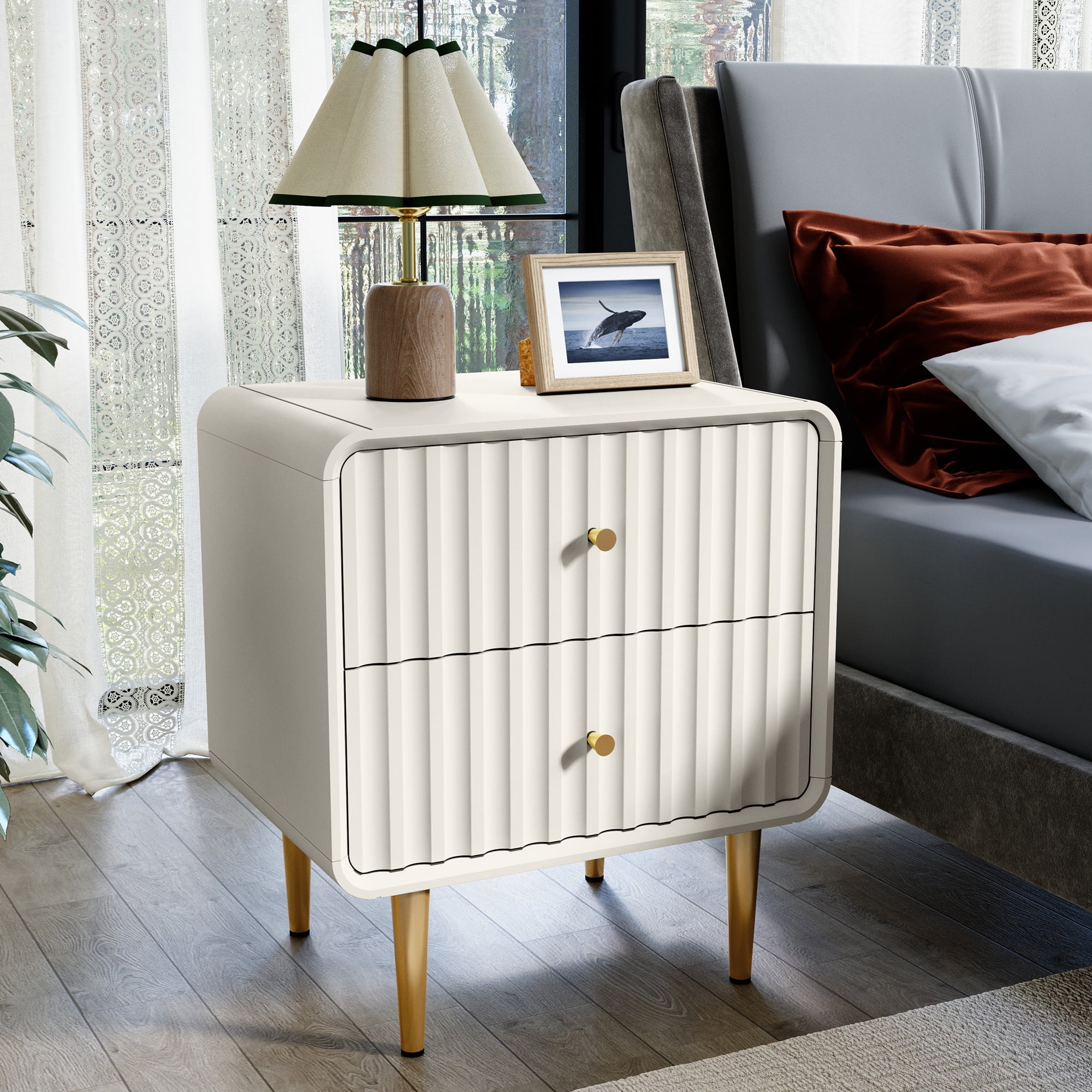 HLR 20" Modern Fluted White Nightstand Set of 2, Wood Bedside Table with 2 Drawers & Gold Metal Handles