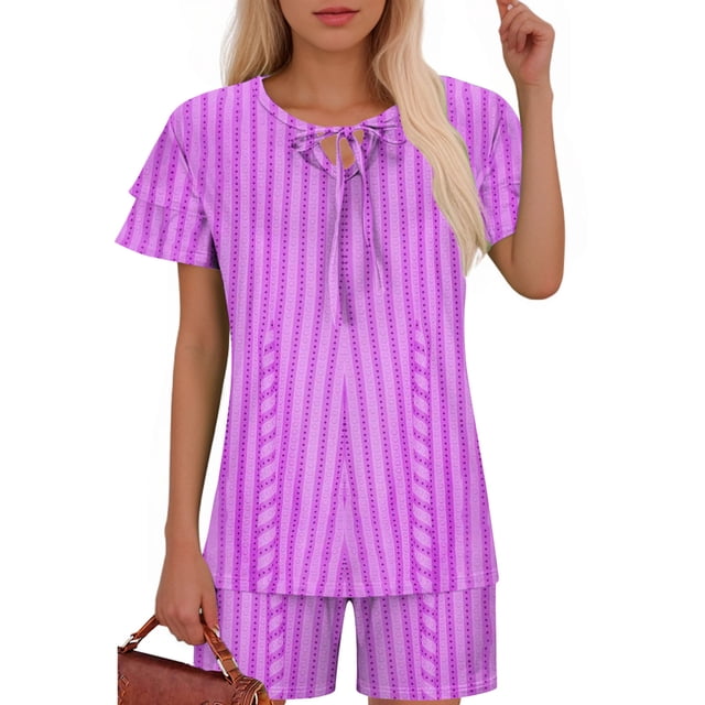 Ensembles de Pyjama pour Femmes 2 Pcs, Mode Décontractée pour Femmes Manches en Dentelle Imprimée Haut Décontracté Pantalon Ensemble de Pyjama