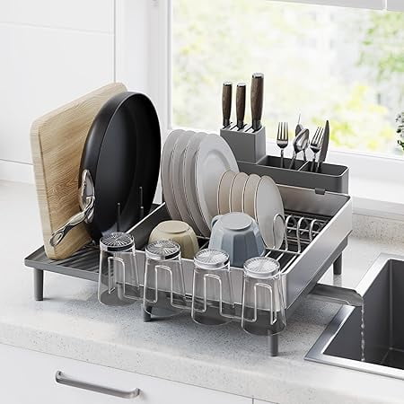 SONGMICS Dish Drying Rack, Expandable Dish Dryer for Kitchen Counter, Stainless Steel Dish Rack with Extendable Spout, Utensil, Cup, Glass, Cutting Board and Pan Holders, Silver and Gray