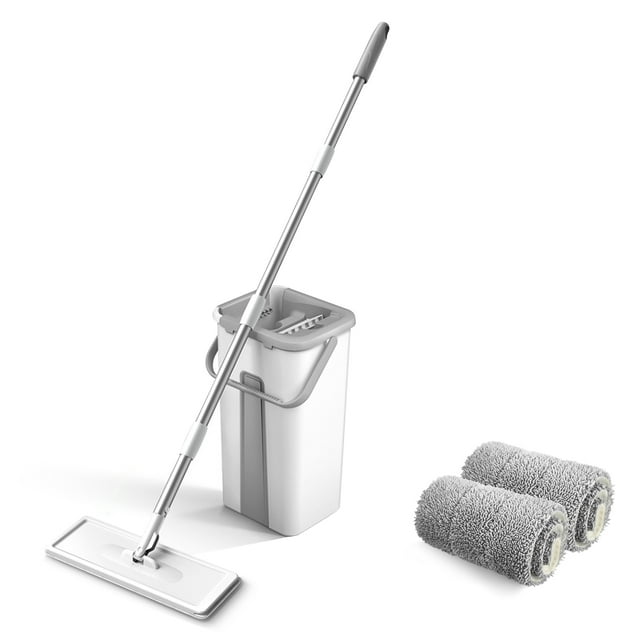 Trapeador de microfibra con balde Limpieza de piso Exprimir Trapeador de piso manos libres Almohadil Abanopi Almohadillas de fregona 2PCS