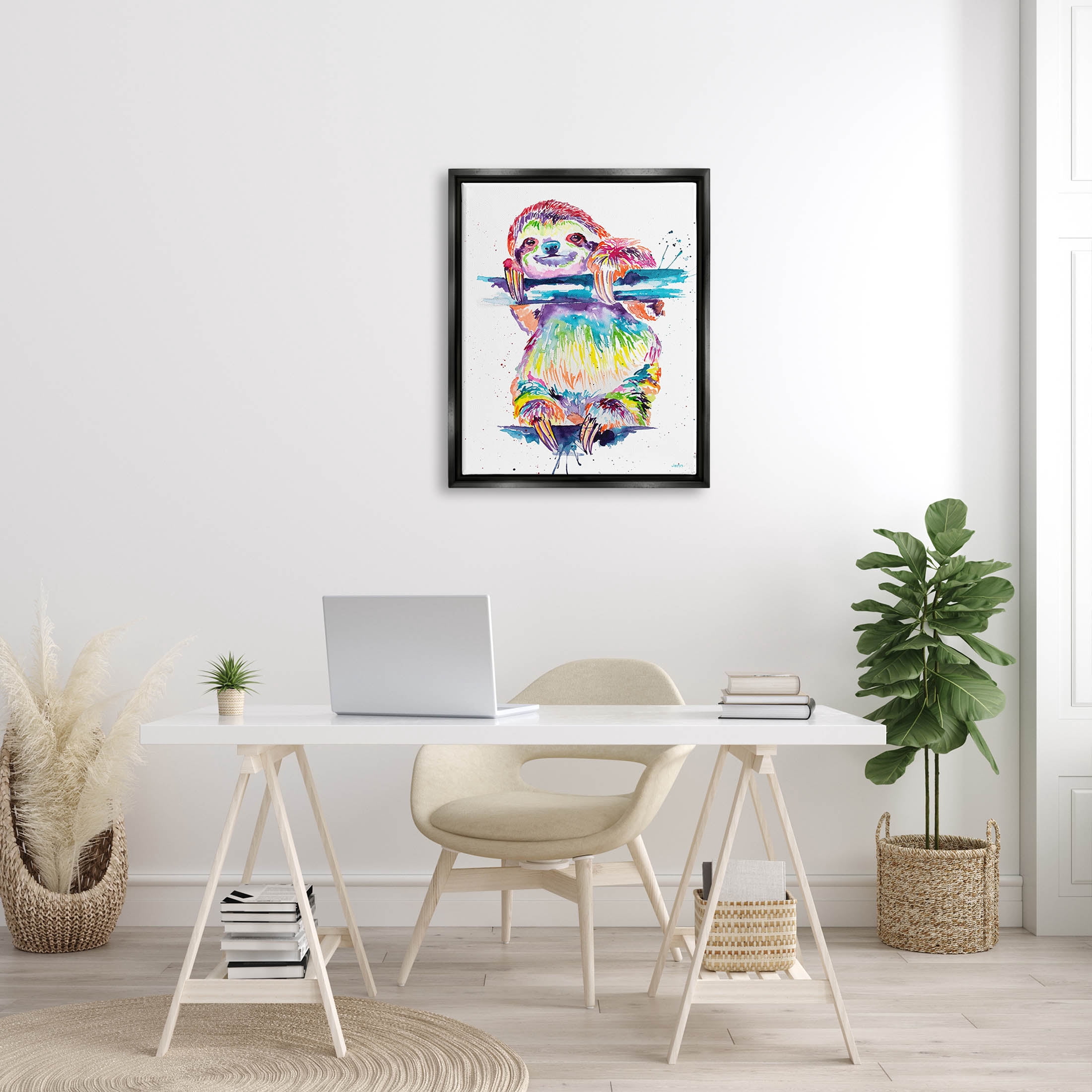Fun Rainbow Sloth Wildlife Animals & Insects Graphic Art Jet Black Framed Art Print Wall Art