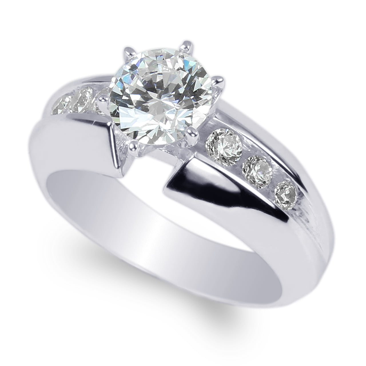 Ladies  10K White Gold Solid  Solitaire Ring with Accents 1.1CT CZ Clear Stone 