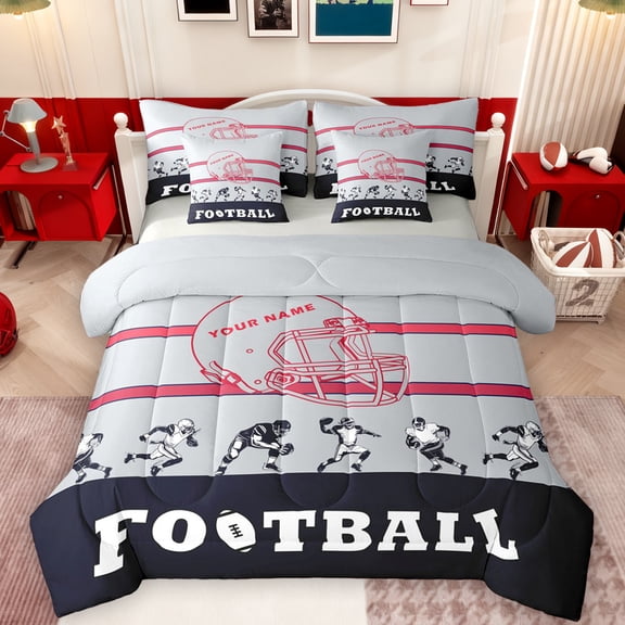 Feelyou Grey Sports Hemlet Bedding Comforter Set 7pcs for Kids, Soccer Athlete King Bedding Sets, Modern Cartoon Rugby Reversible Bed Sheets, Super Cozy Room Decor