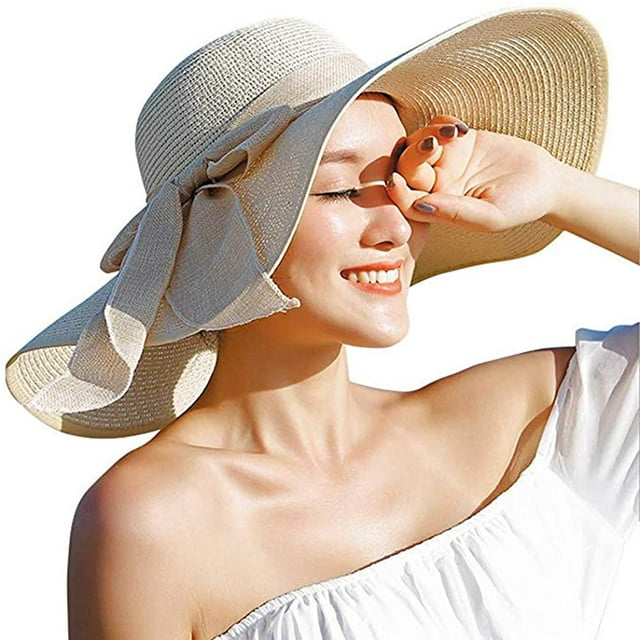 Sombrero de paja con protección solar de ala ancha para mujer, sombrero flexible plegable, gorra de playa con protección UV de verano MFZFUKR WMZL-1659-1