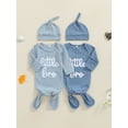 thumbnail image 3 of BemeyourBBs Newborn Baby Boy Little Bro Outfit Waffle Knit Baby Sleepsacks Sleep Bag Knotted Gown and Hat Set Stripe Letter Embroidery Long Sleeve Sleepwear, 3 of 9