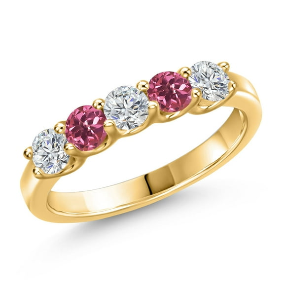 Gem Stone King 18K Yellow Gold Plated Silver Lab Grown Diamond and Pink Tourmaline Wedding-Bands Ring for Women | 0.81 Cttw | Round 3.5MM | Gemstone April Birthstone | Size 5
