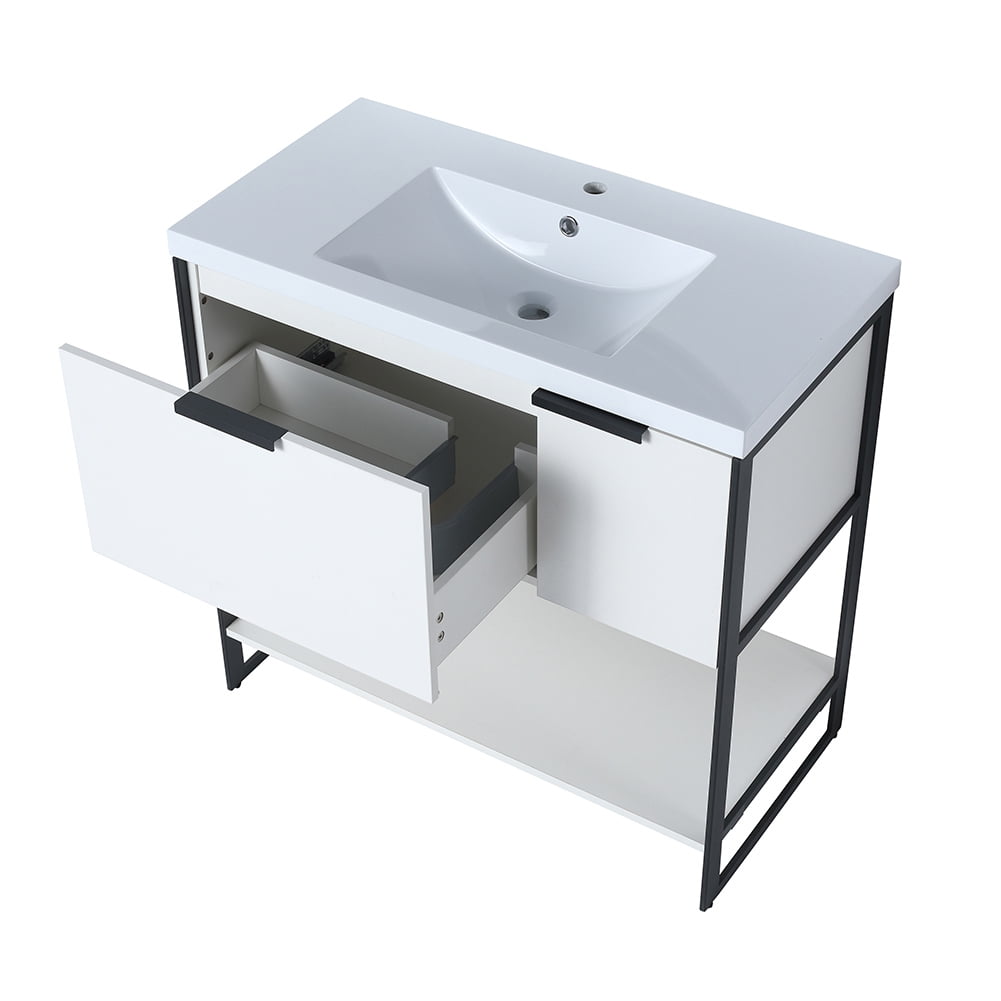 Kepooman 35" Modern Floating Bathroom Vanity, Free Standing Cabinet with Doors and Drawer, White Straight Grain