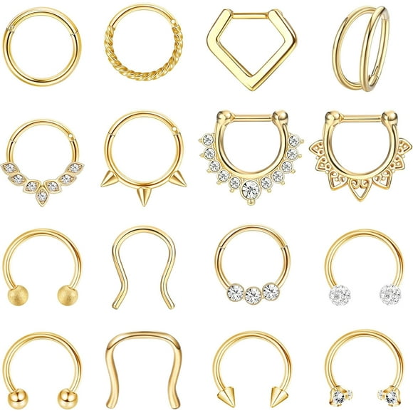 Hypoallergenic Septum Rings 16G 8mm Surgical Steel Clicker Nose Rings Hoops Set Small Lip Cartilage Helix Daith Piercing Jewelry for Women Men 16 Pcs Gold Silver Black