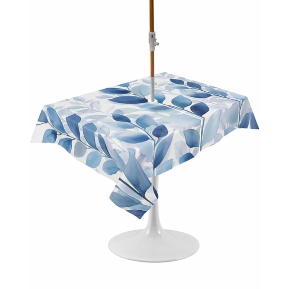 Outdoor Table Cloth with Umbrella Hole and Zipper, Blue Leaf Waterproof Rectangle Tablecloth 60"x84", Watercolor Country Plant Monochrome Branch Washable Table Cover for Outside Party Patio Picnic
